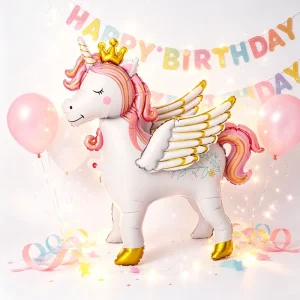 3D Standing Unicorn Foil Balloon with Crown & Wings for Girls Princess Birthday Party Decor Globos