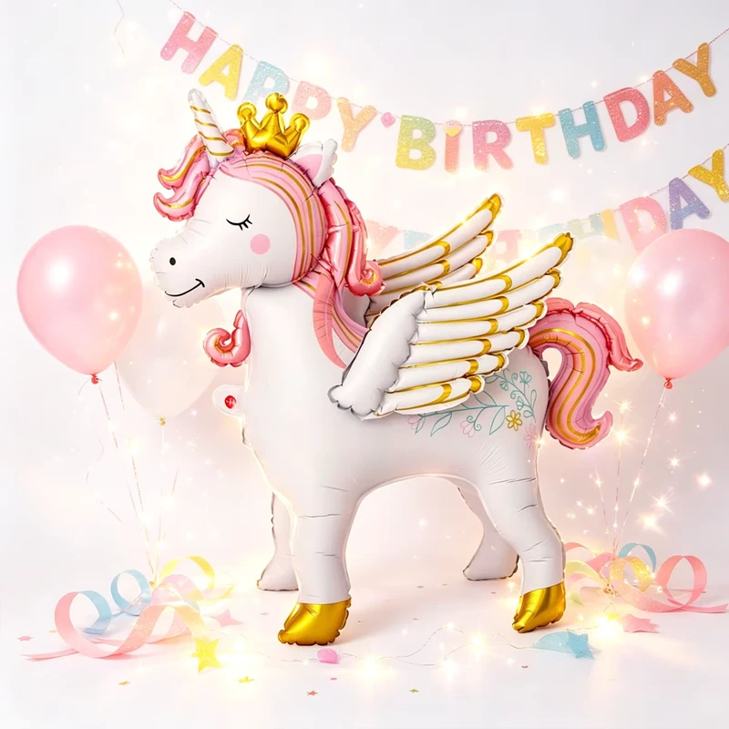 3Dスタンディングユニコーンフォイルバルーン 王冠と翼付き 女の子のプリンセス誕生日パーティーデコレーション グロボス