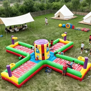 Tantangan Olahraga Bungee 4 Jalur Inflatable untuk Kompetisi Interaktif 4 Orang Acara Sewa Dock Portable PVC