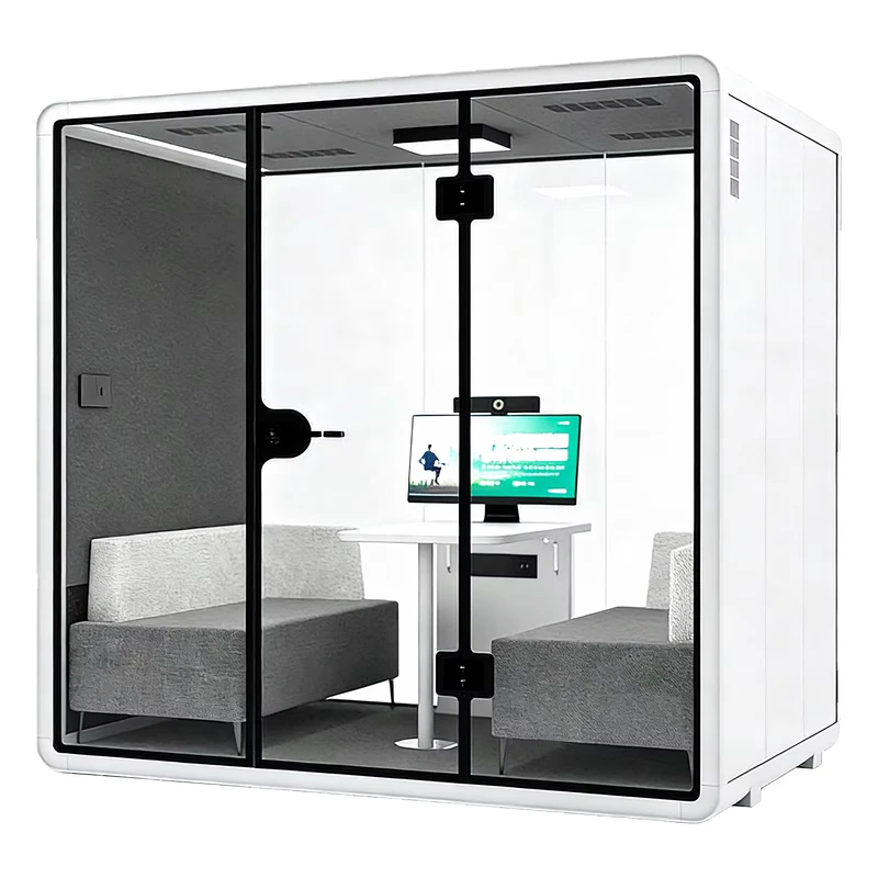Cabina modular moderna para reuniones de 4 personas, cabina insonorizada, estructura de aluminio ignífuga, sala acústica con suministro de aire circulante