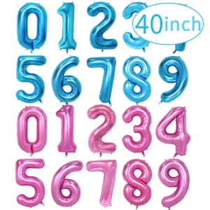บอลลูนฟอยล์อลูมิเนียมเป่าลมวันเกิดหมายเลข 0 9 สีชมพูฟ้า ขนาด 40 นิ้ว