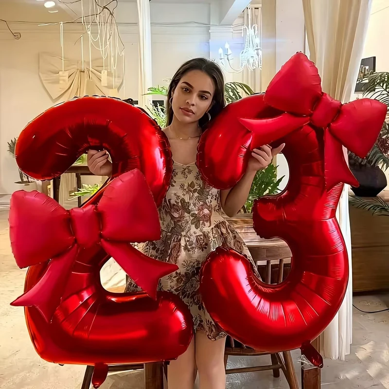 Balon Foil Angka Pita Merah 40 Inci 32 Inci untuk Dekorasi Pesta Ulang Tahun dan Pernikahan
