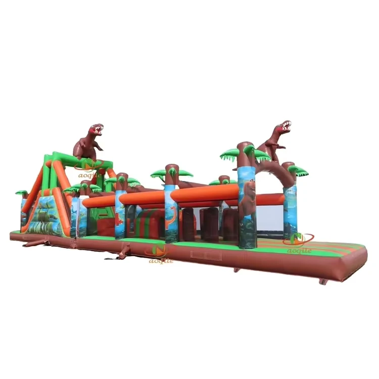 Kursus Rintangan Komersial Inflatable Berbentuk Dinosaurus 48 Kaki, Material PVC Bersertifikat CE, Warna Kustom untuk Taman Petualangan