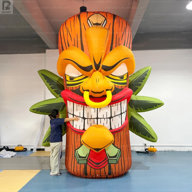 Pilar Tiki Inflável Gigante de 4m Modelo Tiki de Algodão Oxford Publicidade LED Brilhante Totem Polinésio Inflável