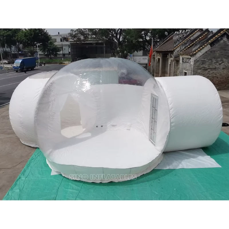 Tenda Inflável Bubble Clara de 5 Metros de Diâmetro com 2 Quartos, Hotel com Ventilador Silencioso e Portas de Alumínio
