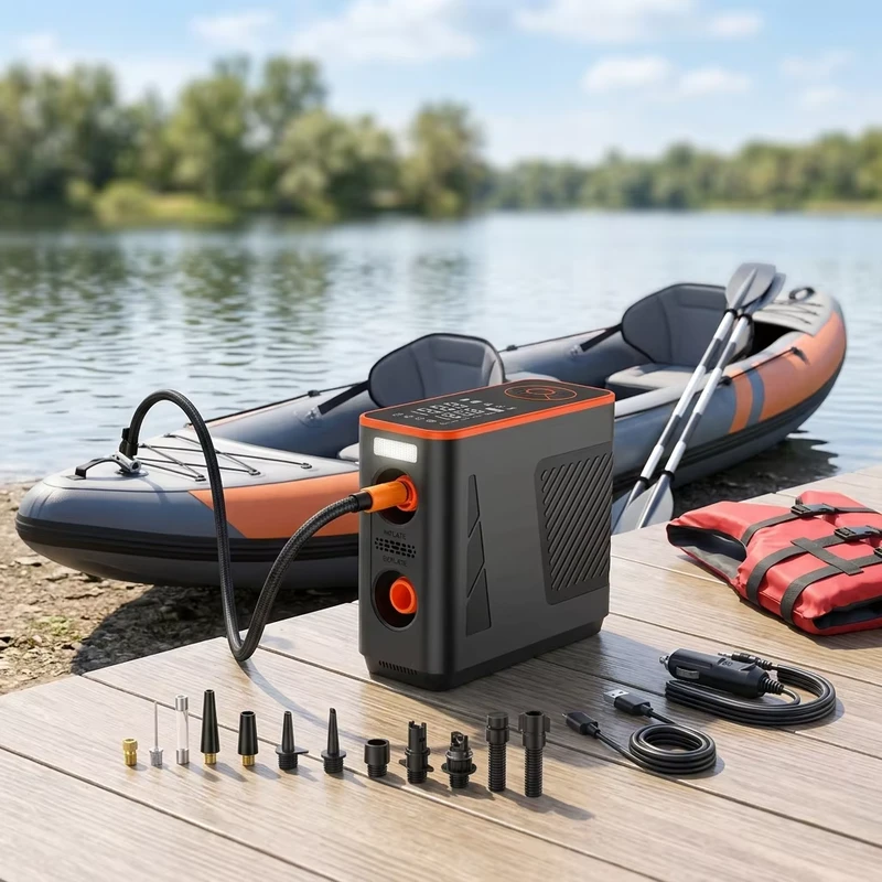 แบตเตอรี่ลิเธียมชาร์จได้ 5000mAh*3 DC12V 1 20PSI ปั๊มลมไฟฟ้าสำหรับเรือ SUP เรือคายัค การเล่นเซิร์ฟ กระดานพาย
