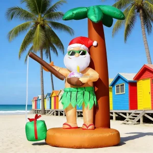 Decoración inflable navideña de 5 pies, Santa Claus hula pescando una caja de regalo junto a una palmera en la playa de verano, con LEDs incorporados para las fiestas