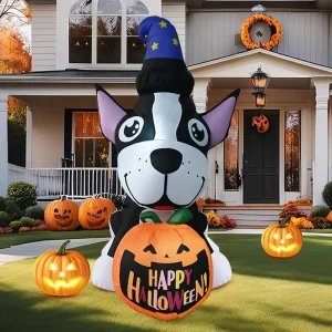 Cão Inflável de Halloween de 5FT com Chapéu de Bruxa, Decoração LED para Jardim de Festa ao Ar Livre
