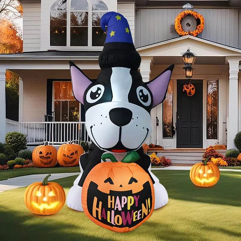 Chien gonflable d'Halloween de 5 pieds avec chapeau de sorcière, décoration LED pour jardin extérieur