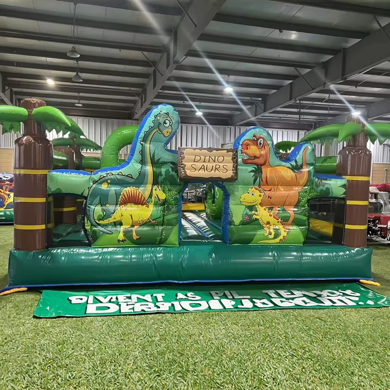 5x4m Schwerlast PVC umweltfreundlicher Dinosaurier aufblasbarer Abenteuerpark Kombi Hüpfburg mit Rutsche Hindernisbahn für Kinder