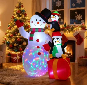 6 FT Christmas Inflatables Snowman with Penguins Xmas Blow up Magic Hat Snow Man with Rotating LED Lights Decoration