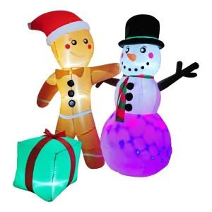 6フィート工場製クリスマスインフレータブルスノーマン＆ジンジャーブレッド装飾 内蔵LED付き 安定した庭のホリデーパーティー