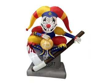 6 FT Inflatable Halloween Automated Clown Sits on the Tombstone with Sickle for Outdoor Decorations