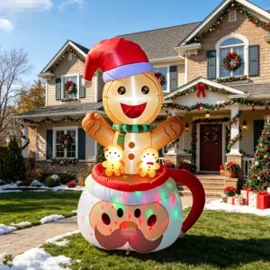 6 FT opblaasbare kerstdecoratie met verlichte gemberfamilie & kerstman kopje, opblaasbare gemberman met LED-verlichting