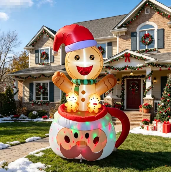 Décoration gonflable famille pain d'épice et père Noël de 6 pieds, homme en pain d'épice avec lumières LED pour Noël