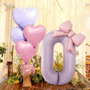 6 Pieces 40 inch Cream purple Number Heart Bow Set Suitable for Birthday Party Decoration