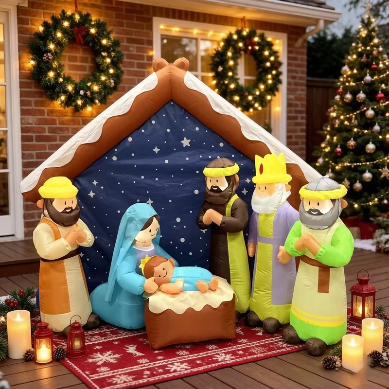6.5フィート クリスマス インフレータブル降誕シーン LEDライト付き 降誕セット 聖家族 三人の王 天使 羊を含む