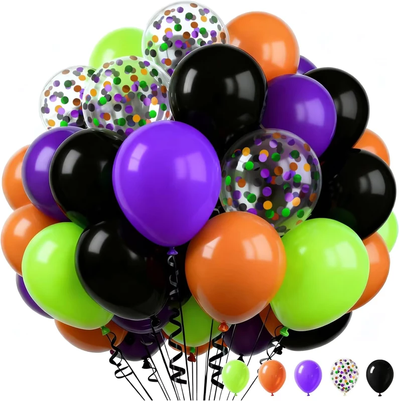 60 Palloni di Halloween da 12 Pollici Arancioni, Neri, Verdi, Viola, Palloni con Confetti, Decorazioni per Feste di Halloween
