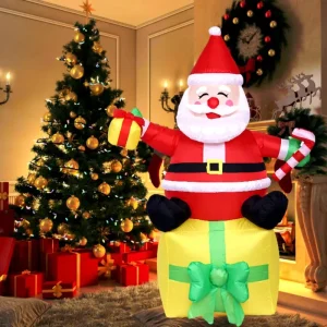 6FT/1.8M Polyester Christmas Inflatable for Sitting Gift Box Candy Cane LED Light Airblown Decoration