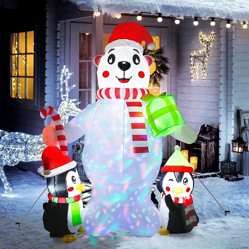 Urso Polar Inflável de Natal de 6FT com Pinguins Luzes LED Coloridas Rotativas para Jardim de Exterior Festa em Casa com Adaptador UL