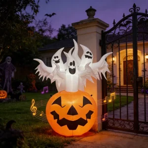 6FT Halloween Inflatable Cute 3 Ghosts in Jack O Lantern Pumpkin Blow up Holiday Decorations Outdoor Built in LED Lights