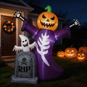 6FT Halloween Opblaasbare Pompoenkop Doodgraver LED Verlichte Buiten Tuin Decoratie Opblaasbare Skelet Grafsteen Graveyard Party Prop