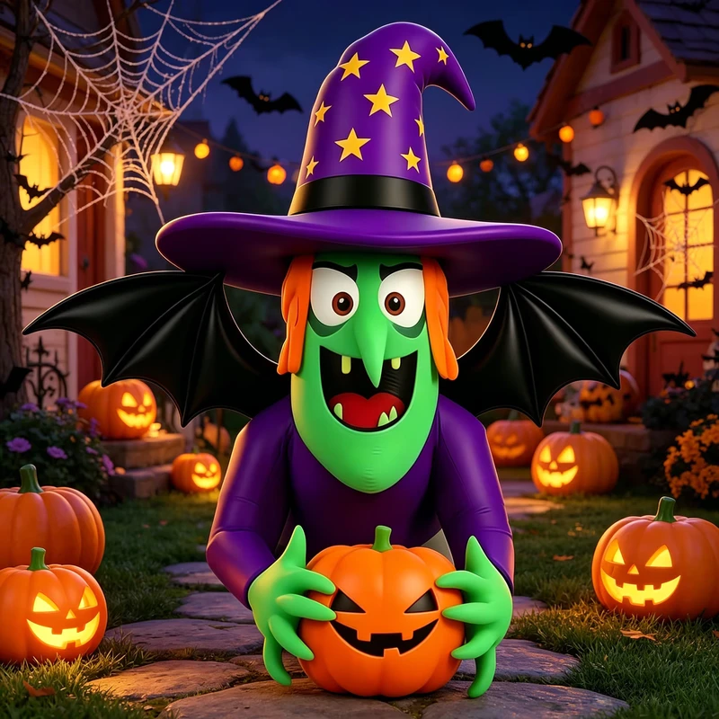 6FT Halloween Inflatable Witch Pumpkin with LED Lighted Outdoor Yard Decoration Blow Up Green Witch with Bat Wings Party Display
