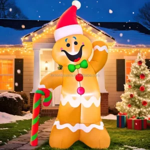 6ft Inflatable Christmas Gingerbread Man with Candy Cane Christmas Decor Display for New Year Celebration LED Light