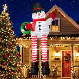 6ft Inflatable Christmas Snowman with Long Legs LED Lighted Blow up Snowman Holding Wreath for Outdoor Yard Garden