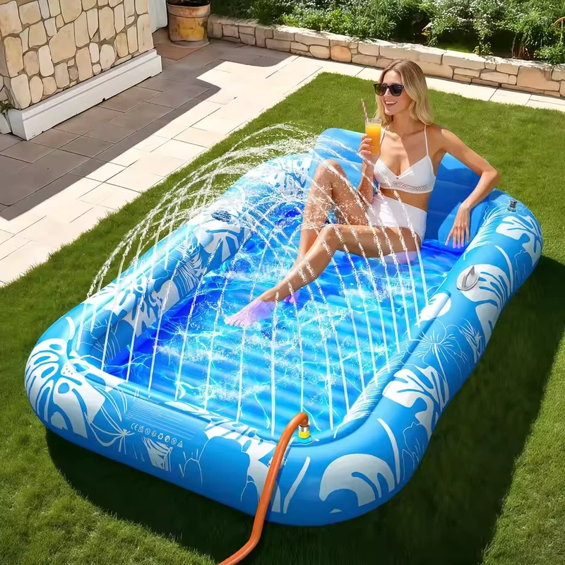 77″ x 48″ Inflatable Tanning Pool Lounger Float Sprinkler Adult Suntan Tub Raft Drink Holder Water Sports Equipment