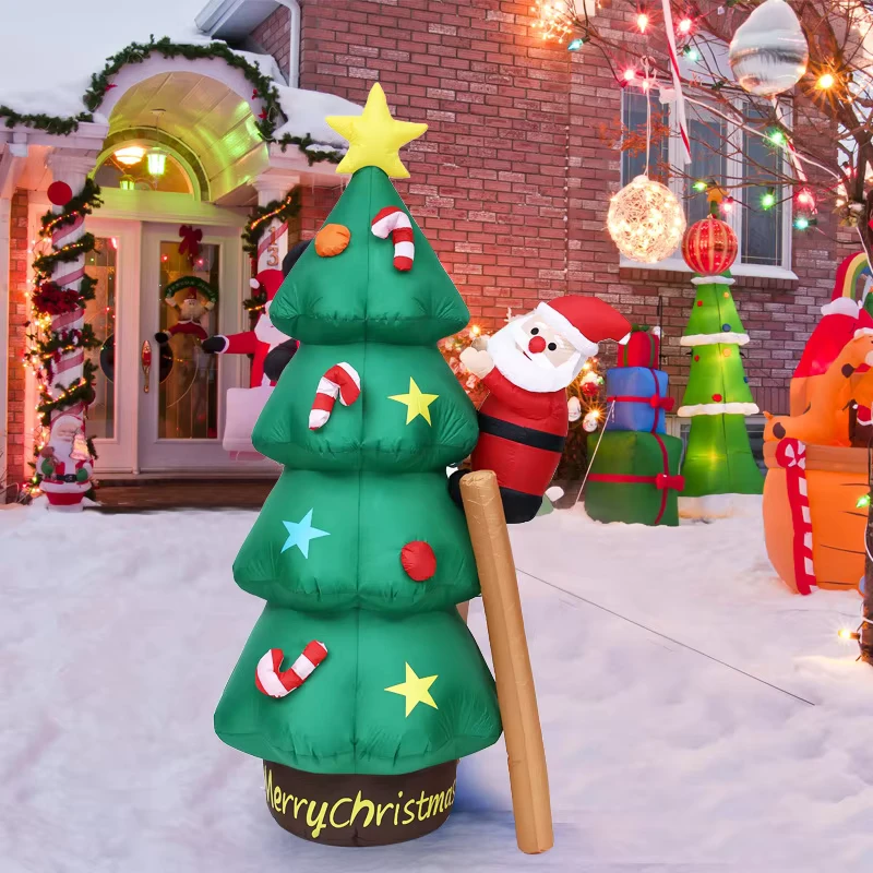 Pohon Natal Inflatable 7FT/2.1M dengan Santa Memanjat Tangga Dekorasi Pohon Natal LED untuk Taman Luar Ruangan