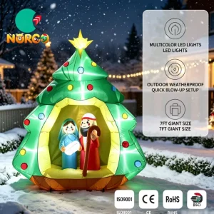 7FT Christmas Inflatable Nativity Scene Tree with LED Lights Blow up Holy Family Set Outdoor Yard Decoration for Holiday Party