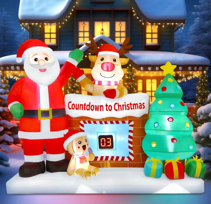 Relógio de Contagem Regressiva LED Inflável de Natal de 8 FT para Decoração Exterior com Boneco de Neve, Pai Natal, Rena e Árvore de Natal