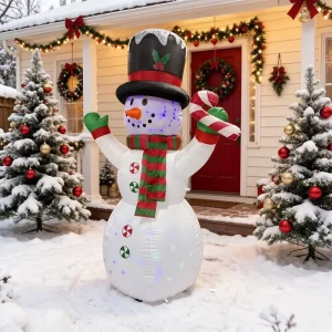 8 FT Giant Christmas Inflatables Snowman Outdoor Decorations Blow up Snowman Holds Candy Cane Built in Rotating Colorful Lights