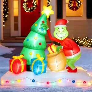 8 FT Long Christmas Inflatable Grinch with Xmas Tree and Gift Bags with LED Lights Xmas Blow Ups for Holiday Outside Decor