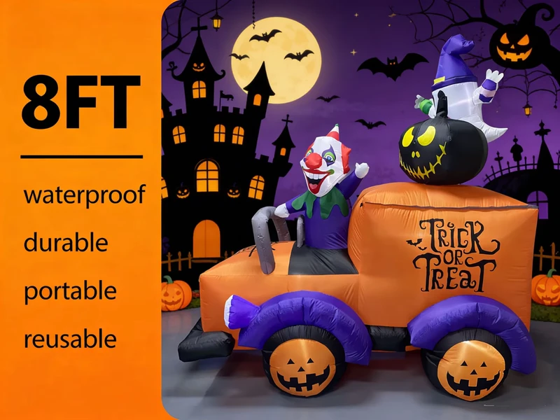 Clown d'horreur de 2,4 m conduisant une voiture avec citrouille et fantôme LED Décor gonflable éclairé pour Halloween intérieur extérieur