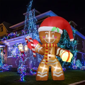 8FT Christmas Inflatable Gingerbread Man Cute LED Lighted Outdoor and Indoor Yard Decoration Polyester