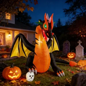 8FT Halloween Inflatable Winged Black Dragon Blow up Holiday Decorations Outdoor Built-in LED Lights