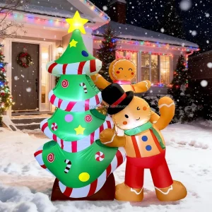8FT Inflatable Christmas Tree with Gingerbread Man Giant Outdoor Decor with LED Stakes Sandbags