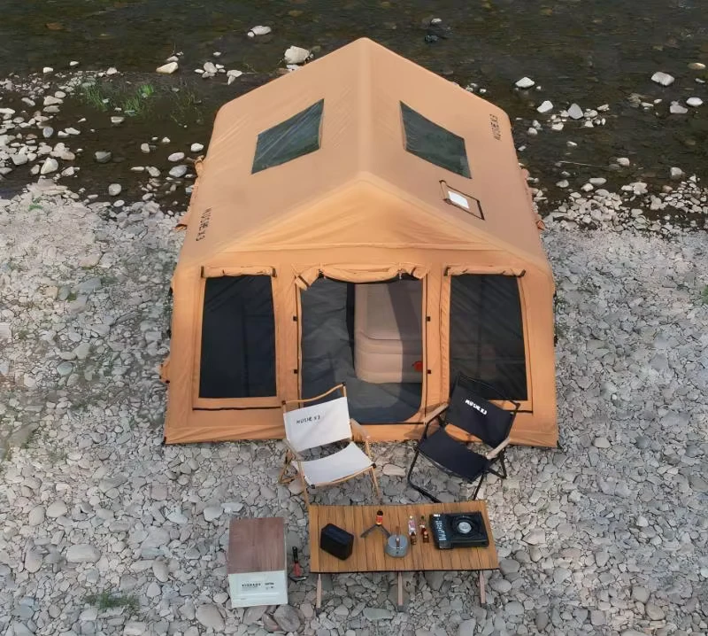 9 Große Platz Wasserdichtes Doppel-Lagen Baumwolle Aufblasbares Campingzelt für 3-4 Personen Tragbar Außen Schnellautomatisches Öffnen