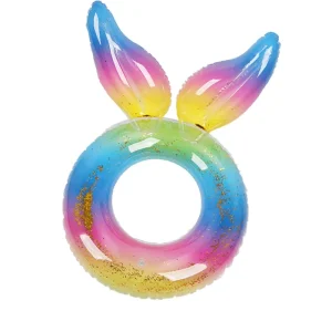 Brinquedos aquáticos para festas de verão de 90CM, flutuadores de piscina em forma de cauda de sereia colorida, anel de natação com flutuação brilhante