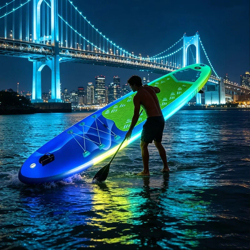 Planche à pagaie gonflable en drop stitch RGB LED ajustable, écologique, pour utilisation nocturne dans les rivières, lacs et mers