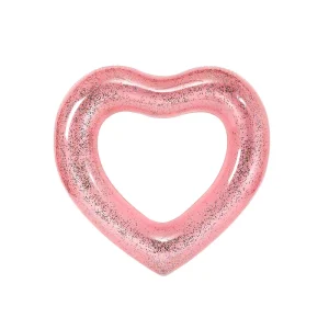 Adult Inflatable 0.2mm PVC Lightweight Glitter Pink Heart Shape Swimming Ring Tube Floating Mat Fun for the Pool
