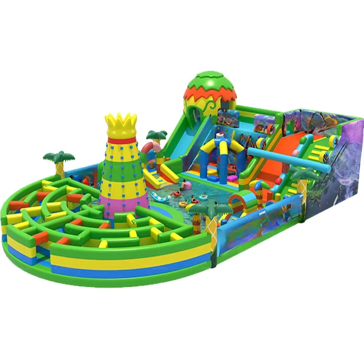 Taman Inflatable Bertema Petualangan dengan Menara Pendakian Labirin, Seluncuran Ganda, dan Jalur Rintangan
