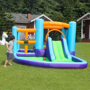 Airmyfun Kids Moonwalk Inflatable Bounce House Pesta Kombinasi Kastil Bouncy Seluncur Kain Portable untuk Penggunaan di Rumah 3 Orang