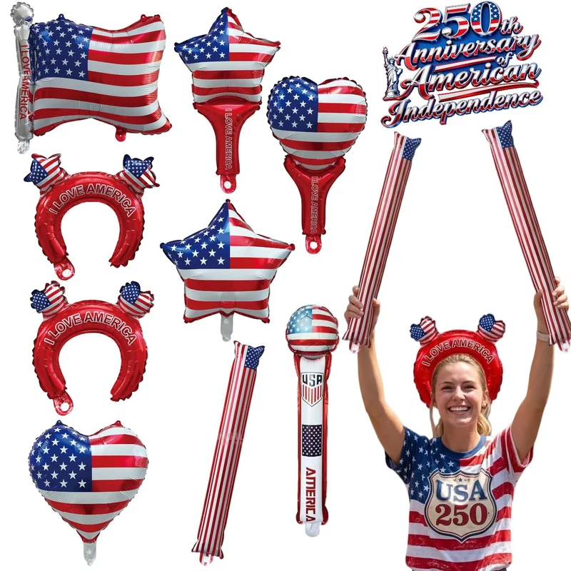 Foilballons zum amerikanischen Unabhängigkeitstag, in Form von Flaggen, aufblasbare Stirnbänder und Auftriebstäbe