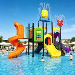 Structure de jeu aquatique pour enfants avec triple toboggans pour tout-petits, parc aquatique et complexe hôtelier