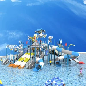 Structure de parc aquatique interactive multi-niveaux en fibre de verre, aluminium, acier, PE pour utilisation commerciale en famille et enfants