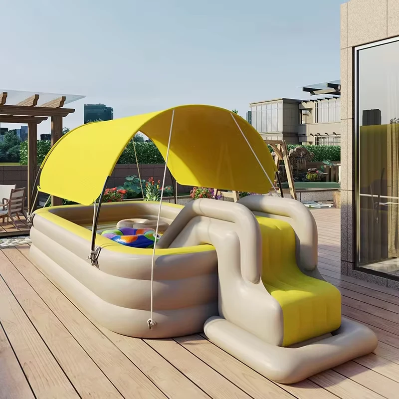 Piscina Inflável Automática com Teto Solar PVC Reforçado Retangular Piscina de Crianças para Jardim de Quintal