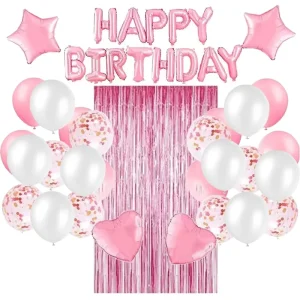 Baby Birthday Pink White Colored Latex Balloon and 16inch Happy Birthday Foil Balloon Decoration Party Supplies Set